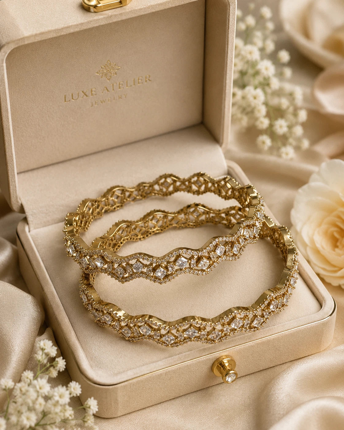 Gold Tone American Diamond Bangles Set Size 2.10 Elegant Wavy Crystal Design