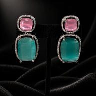 Pink Teal CZ Drop Earrings Silver Tone Statement Fashion Jewelry