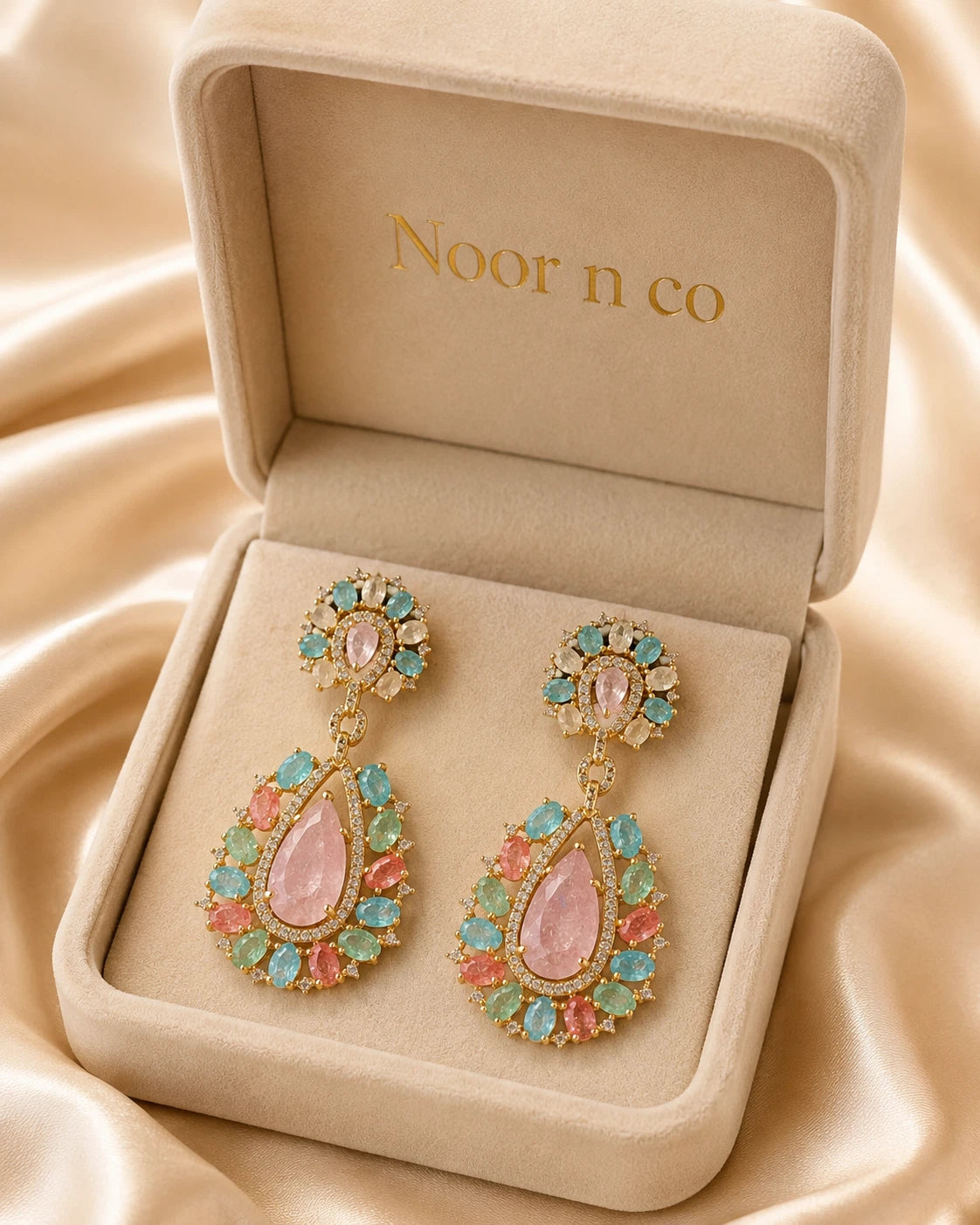 Pastel Multicolor CZ Gold Tone Teardrop Earrings Pakistani Indian Jewelry