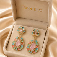 Pastel Multicolor CZ Gold Tone Teardrop Earrings Pakistani Indian Jewelry