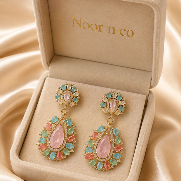 Pastel Multicolor CZ Gold Tone Teardrop Earrings Pakistani Indian Jewelry
