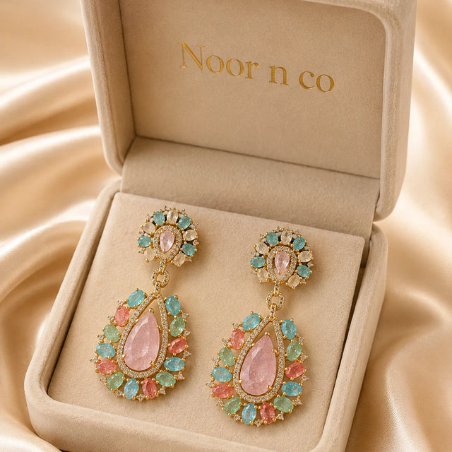 Pastel Multicolor CZ Gold Tone Teardrop Earrings Pakistani Indian Jewelry
