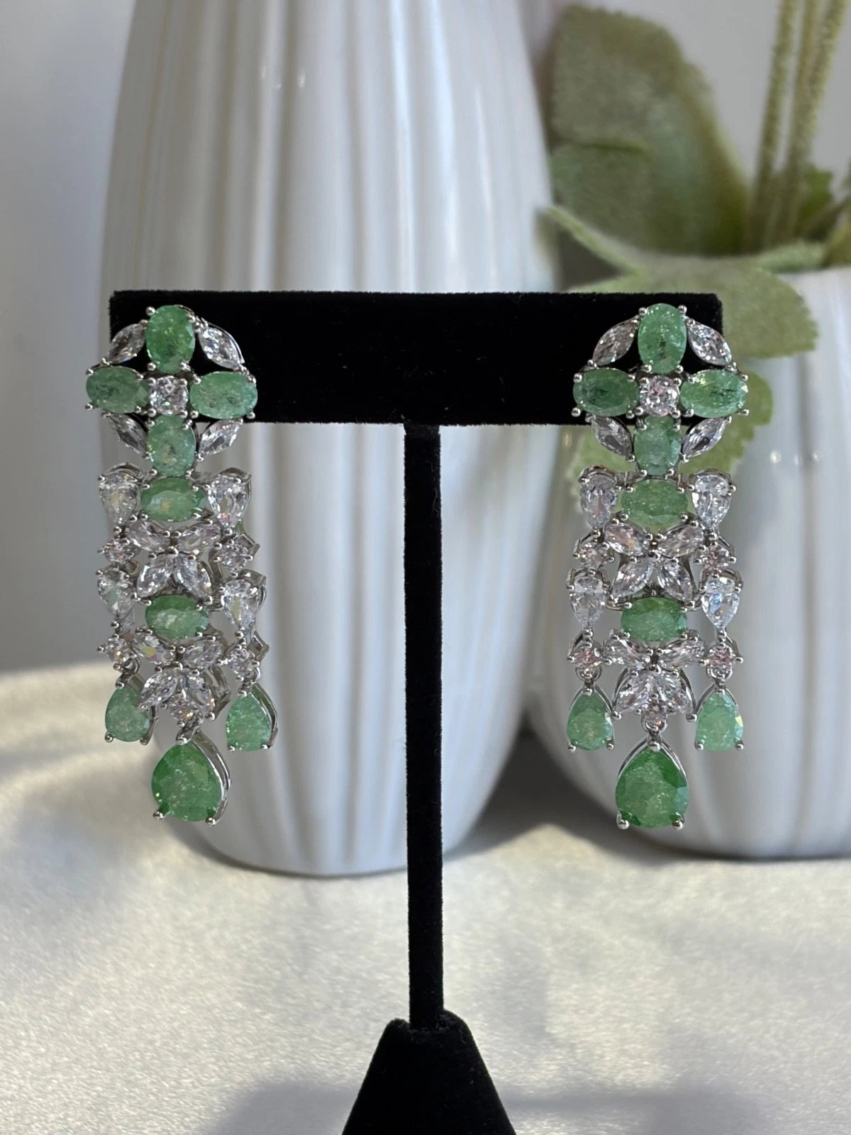 Green CZ Silver Tone Chandelier Drop Earrings Pakistani Indian Jewelry