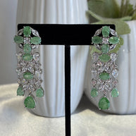 Green CZ Silver Tone Chandelier Drop Earrings Pakistani Indian Jewelry