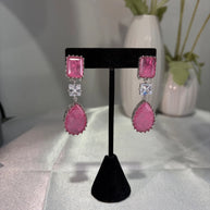 Pink CZ Silver Tone Drop Earrings Indian Pakistani Statement Jewelry