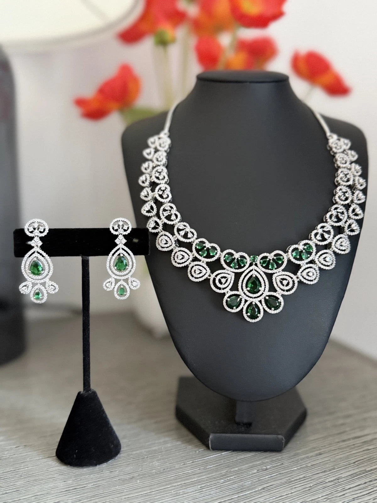 Emerald green and clear CZ-style necklace set