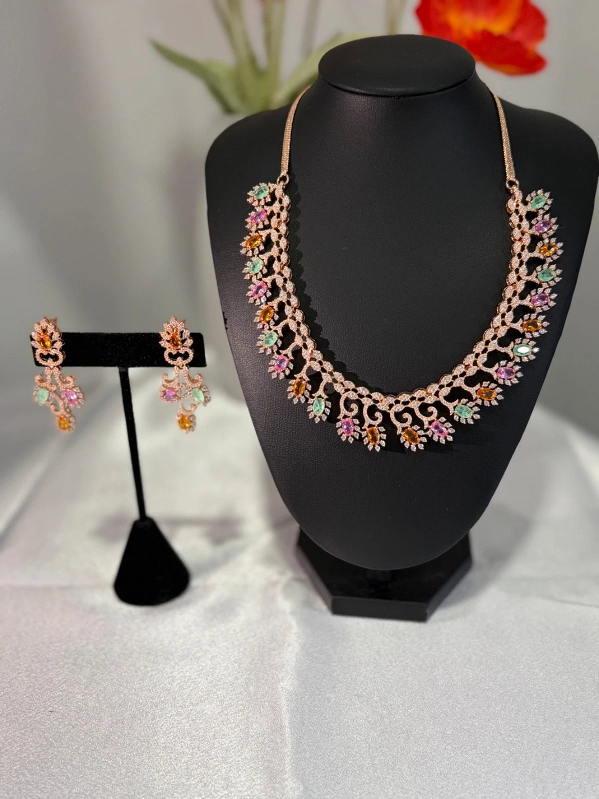Rose Gold Multicolor CZ Necklace Earrings Set Indian Pakistani Bridal Jewelry