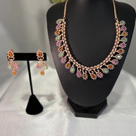 Rose Gold Multicolor CZ Necklace Earrings Set Indian Pakistani Bridal Jewelry