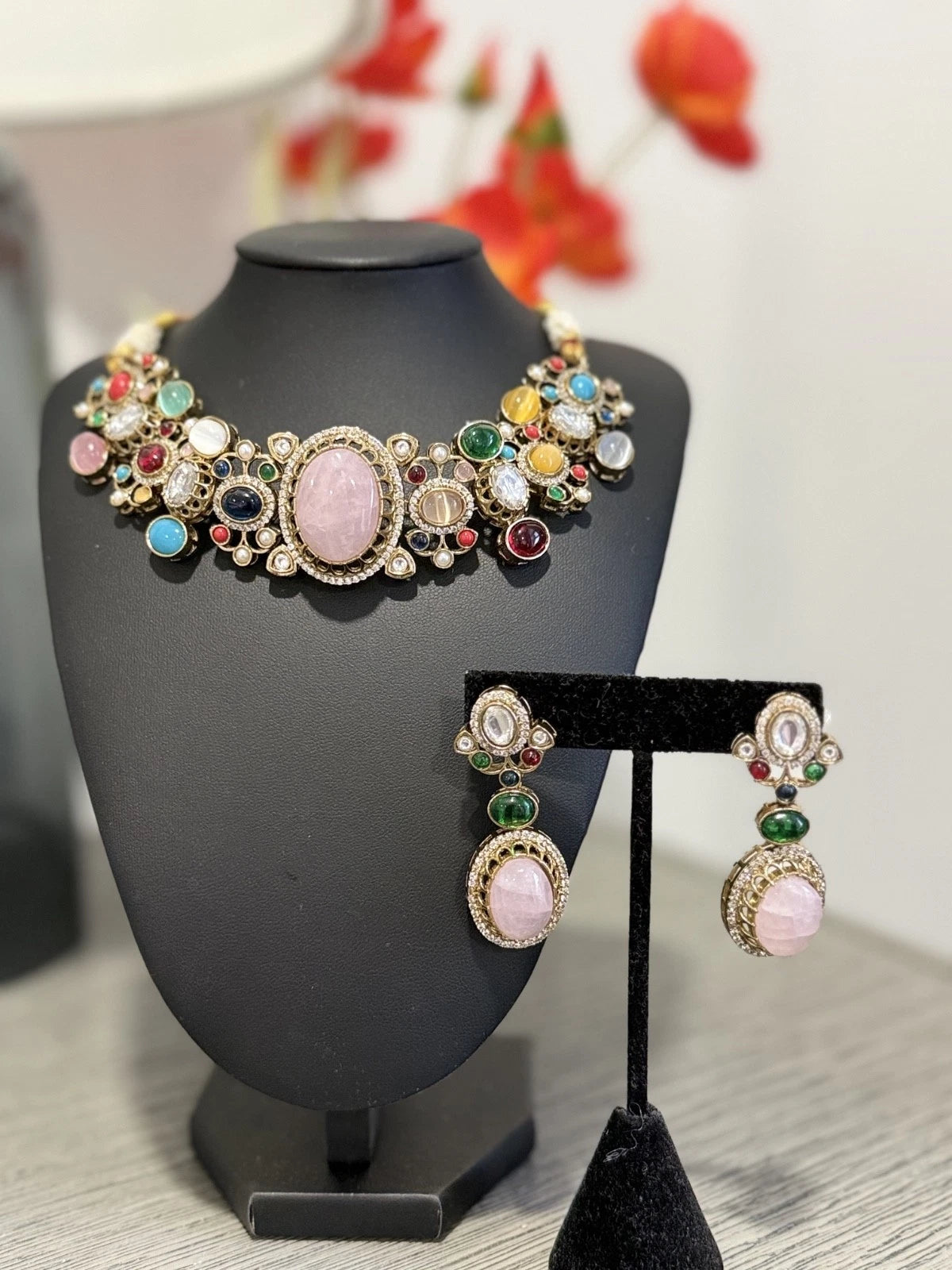 Sabyasachi Inspired Necklace Earrings Set | Pink Stone Multicolor Gem Bridal Jew