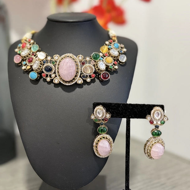 Sabyasachi Inspired Necklace Earrings Set | Pink Stone Multicolor Gem Bridal Jew