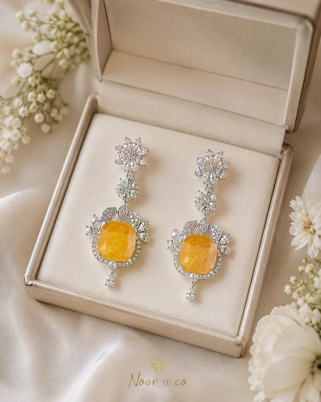 Yellow Stone CZ Silver Tone Drop Earrings Pakistani Indian Statement Jewelry