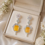 Yellow Stone CZ Silver Tone Drop Earrings Pakistani Indian Statement Jewelry