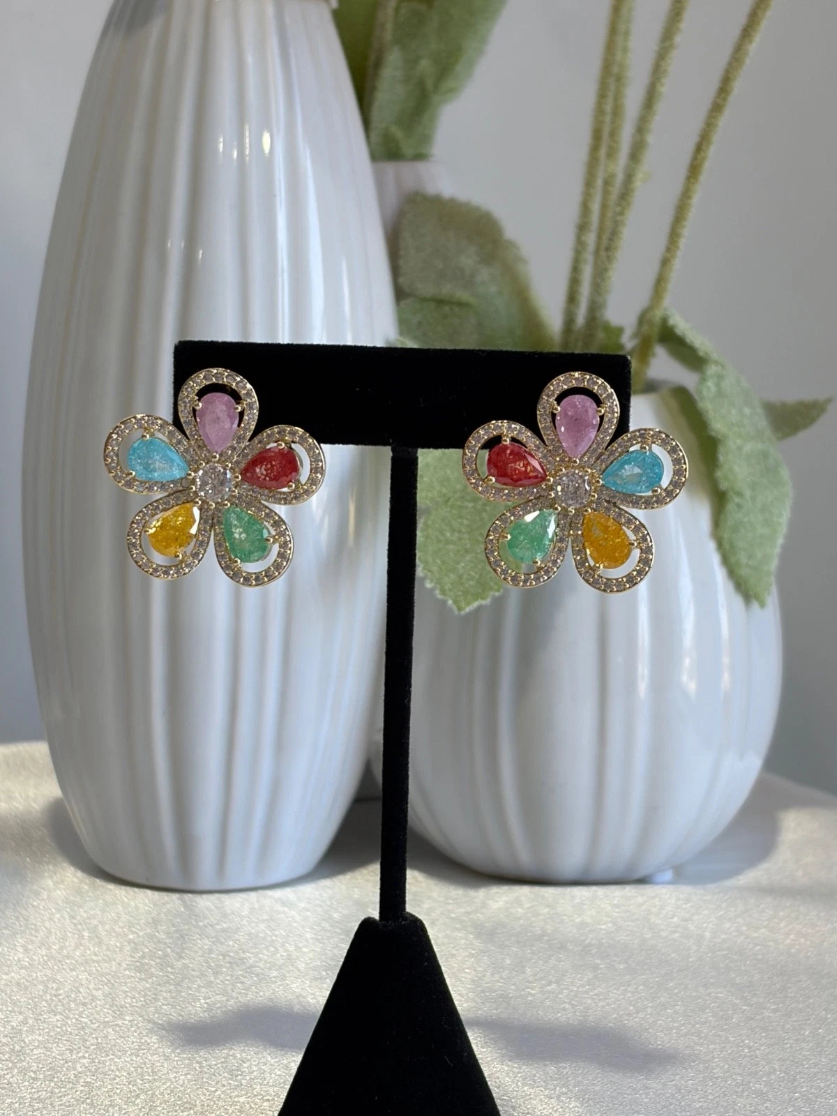 Multicolor Flower CZ Gold Tone Stud Earrings Pakistani Indian Jewelry