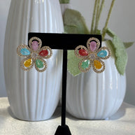 Multicolor Flower CZ Gold Tone Stud Earrings Pakistani Indian Jewelry