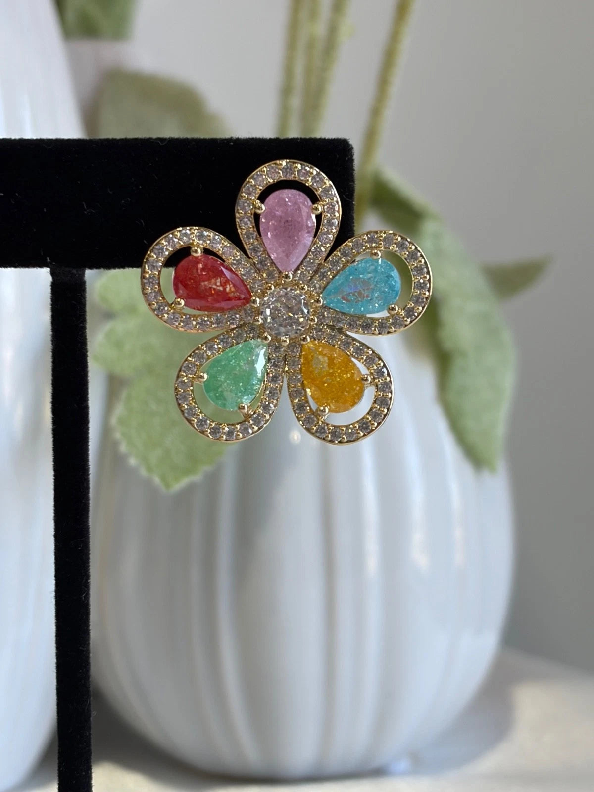 Multicolor Flower CZ Gold Tone Stud Earrings Pakistani Indian Jewelry