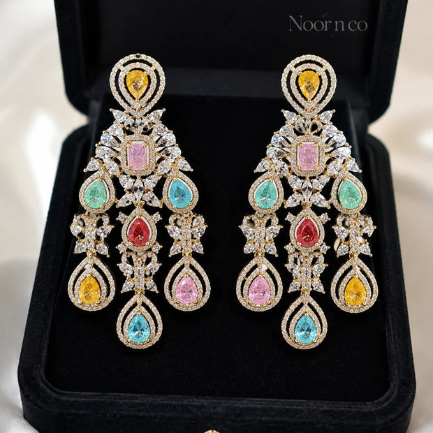 Multicolor CZ Gold Tone Chandelier Earrings Pakistani Indian Bridal Jewelry