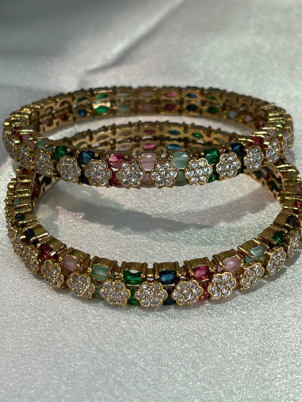 Multicolor CZ Flower Gold Tone Bangle Set Size 2.10 Indian Pakistani Jewelry