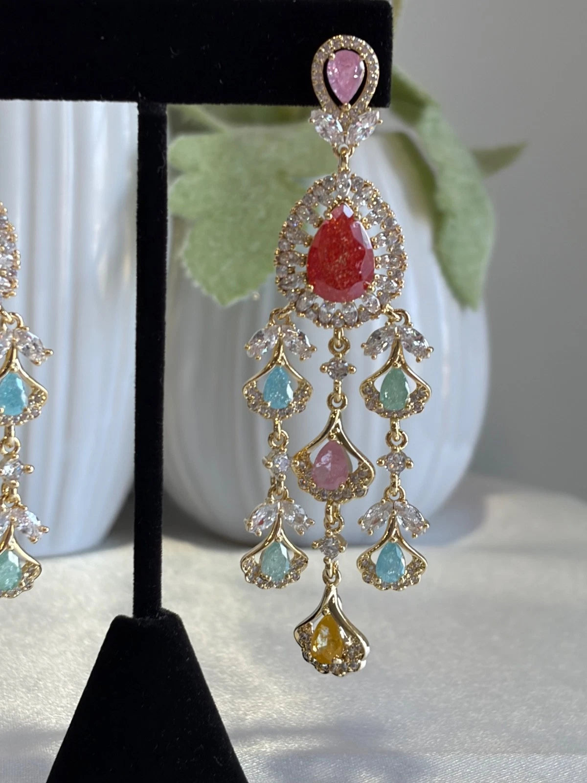 Multicolor CZ Gold Tone Chandelier Earrings Pakistani Indian Bridal Jewelry