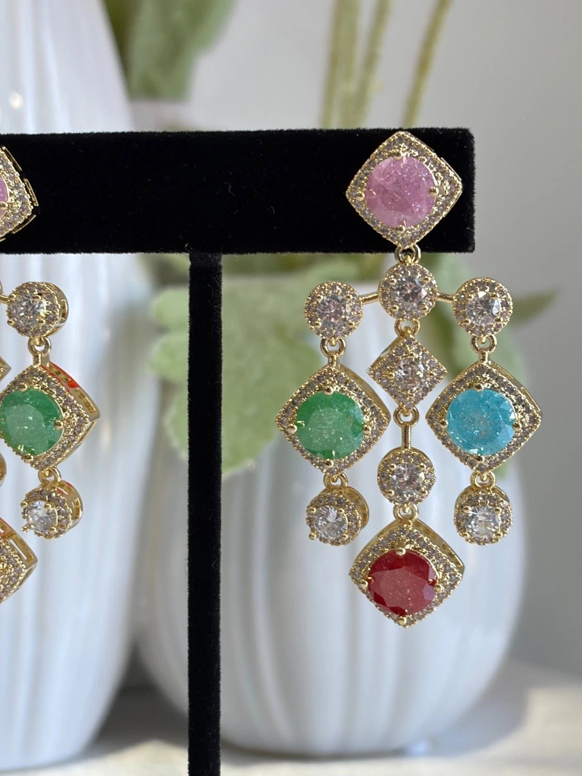 Multicolor CZ Gold Tone Chandelier Earrings Pakistani Indian Statement Jewelry