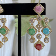 Multicolor CZ Gold Tone Chandelier Earrings Pakistani Indian Statement Jewelry