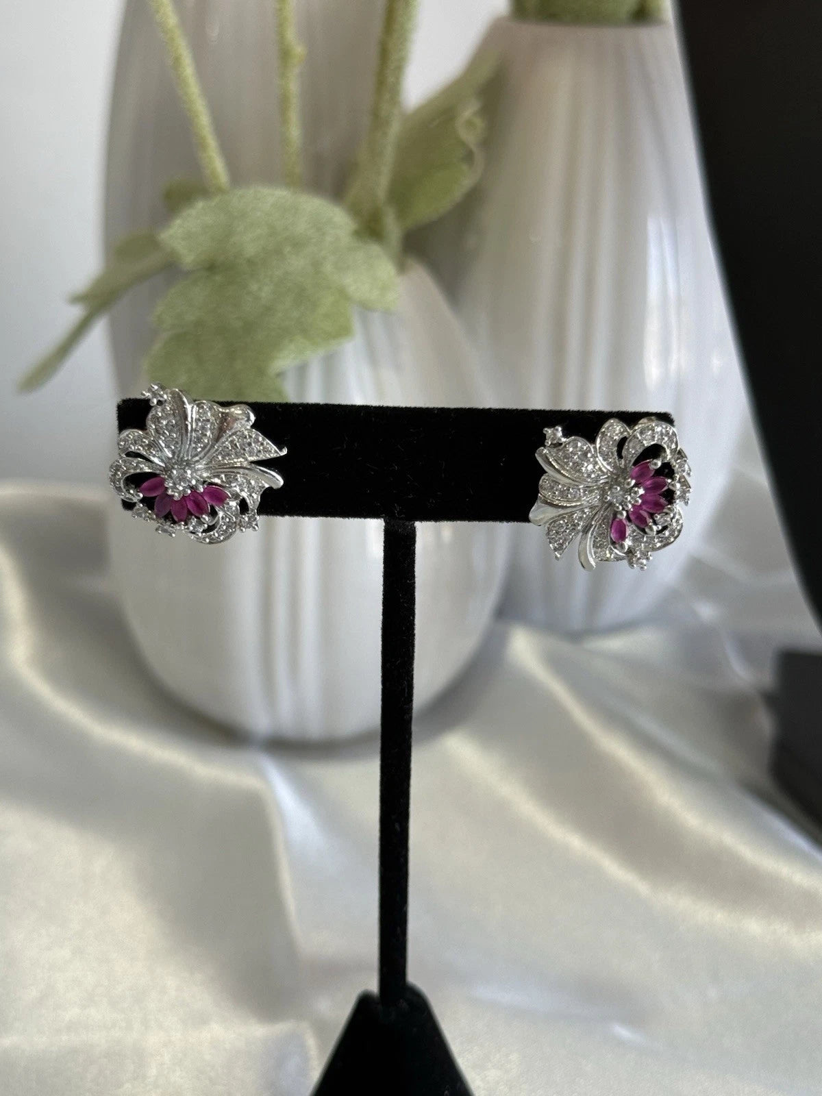 Magenta Pink & Black CZ Floral Stud Earrings Silver Tone Party Jewelry