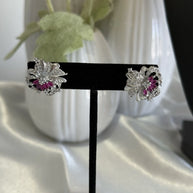 Magenta Pink & Black CZ Floral Stud Earrings Silver Tone Party Jewelry