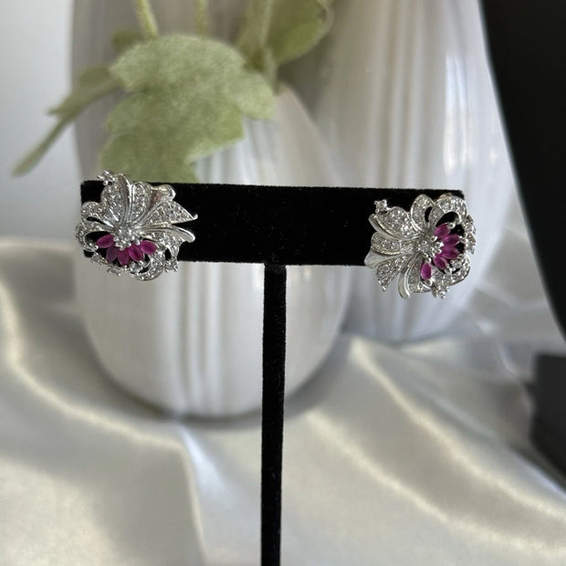 Magenta Pink & Black CZ Floral Stud Earrings Silver Tone Party Jewelry