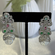 Multicolor CZ Pearl Necklace Earrings Tikka Set Silver Tone Jewelry