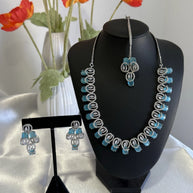 Aqua Blue CZ Necklace Earrings Tikka Set Silver Tone Pakistani Jewelry