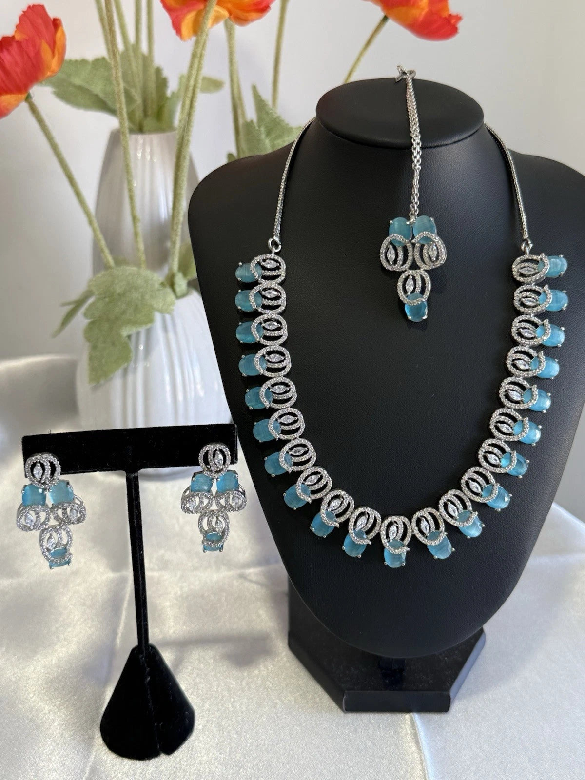 Aqua Blue CZ Necklace Earrings Tikka Set Silver Tone Pakistani Jewelry