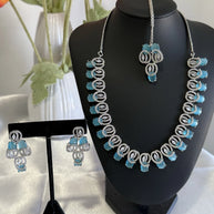 Aqua Blue CZ Necklace Earrings Tikka Set Silver Tone Pakistani Jewelry
