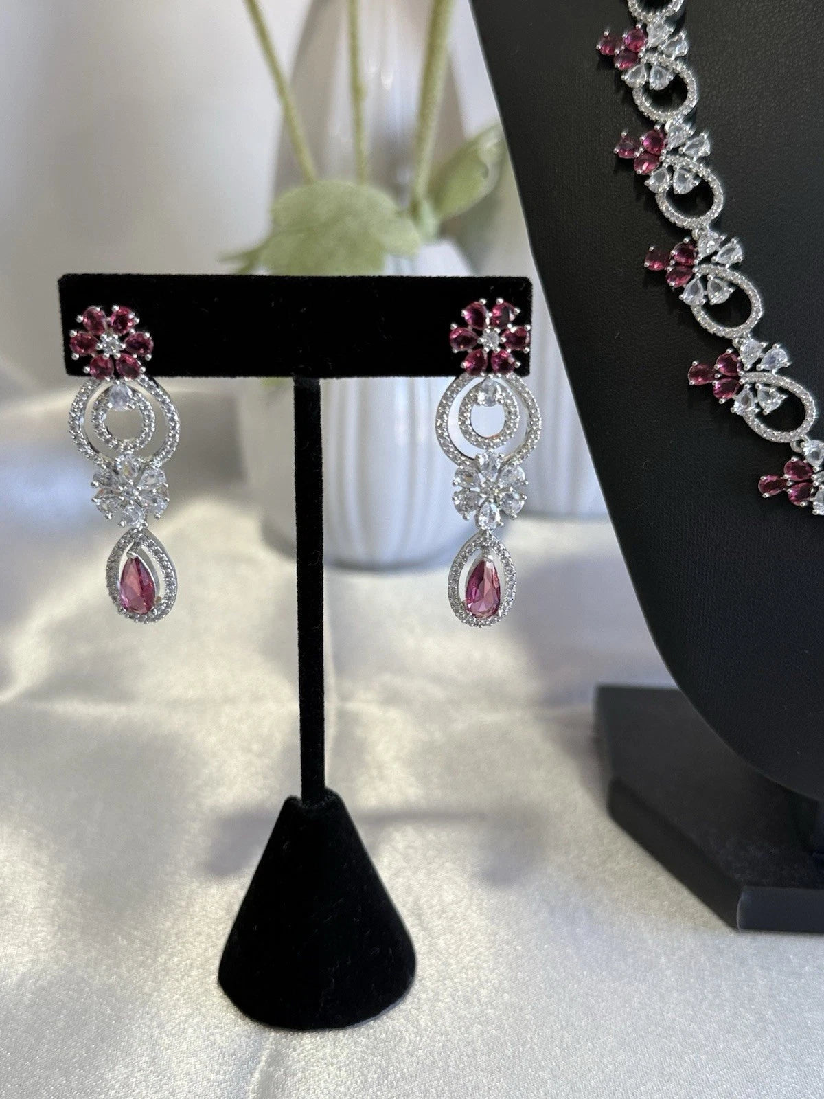 Pink Crystal CZ Necklace & Earrings Set Silver Tone Wedding Jewelry