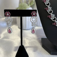 Pink Crystal CZ Necklace & Earrings Set Silver Tone Wedding Jewelry