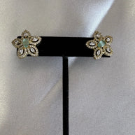 Mint Green CZ Flower Stud Earrings Gold Tone Party Jewelry