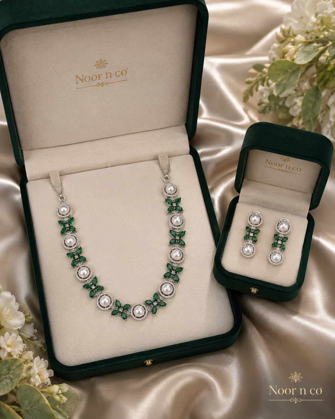 Emerald Green Pearl CZ Silver Tone Necklace Earrings Set