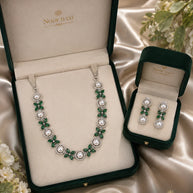 Emerald Green Pearl CZ Silver Tone Necklace Earrings Set