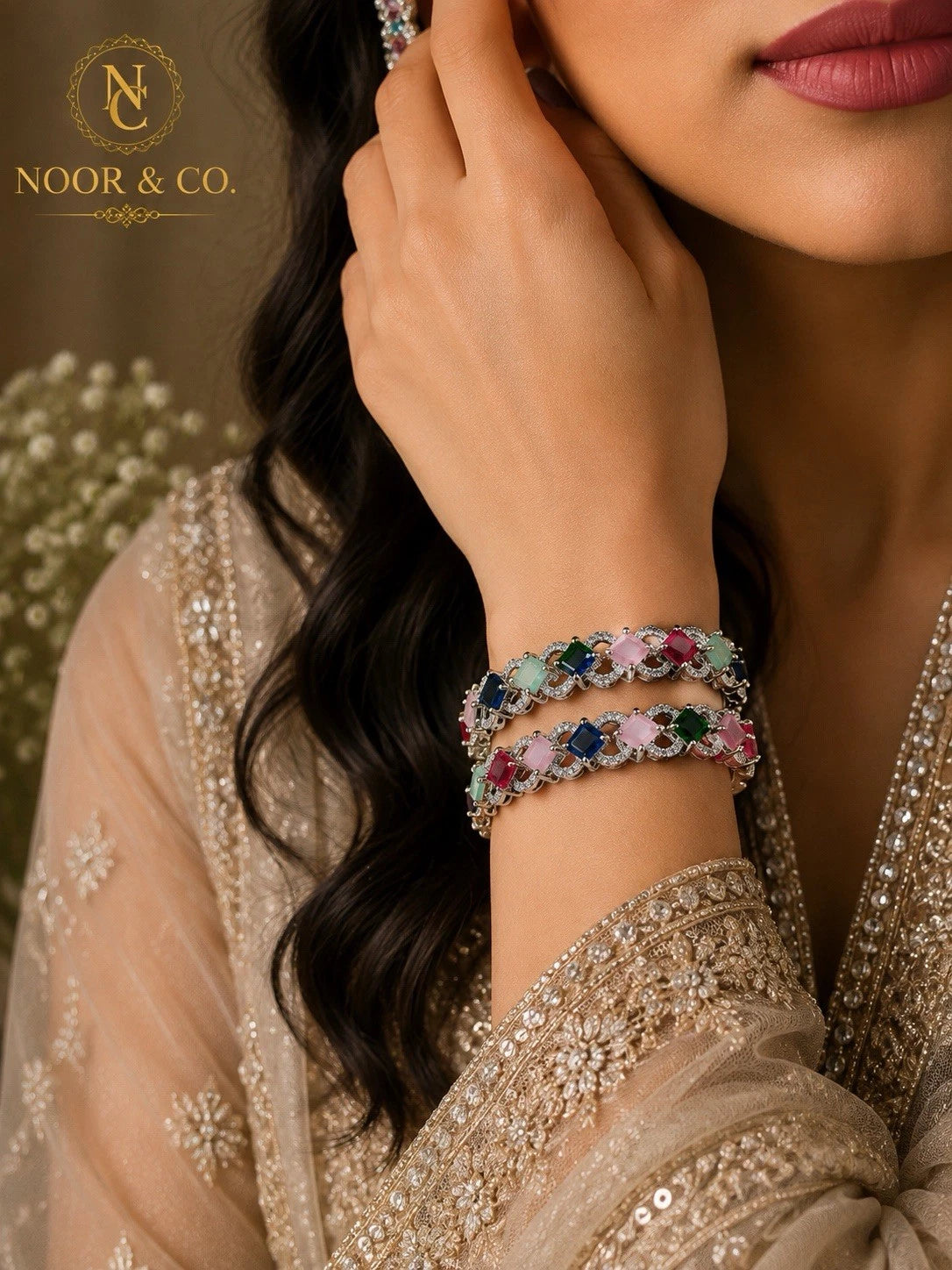 Celeste Multicolor Crystal Tennis Bangles – Premium Silver Finish (Pair)