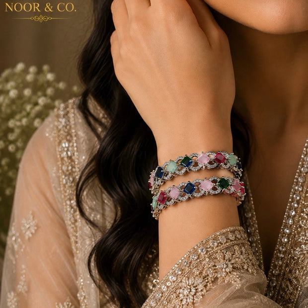 Celeste Multicolor Crystal Tennis Bangles – Premium Silver Finish (Pair)