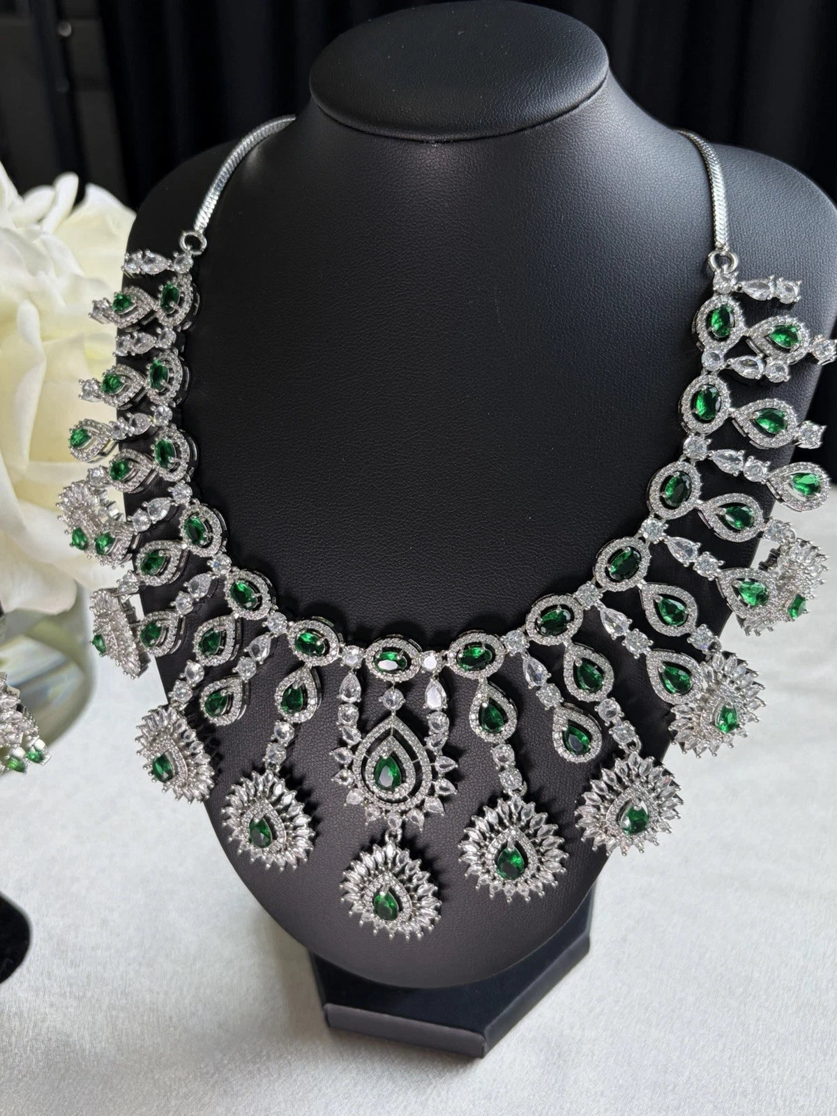 Emerald Cascade CZ Bridal Necklace Set
