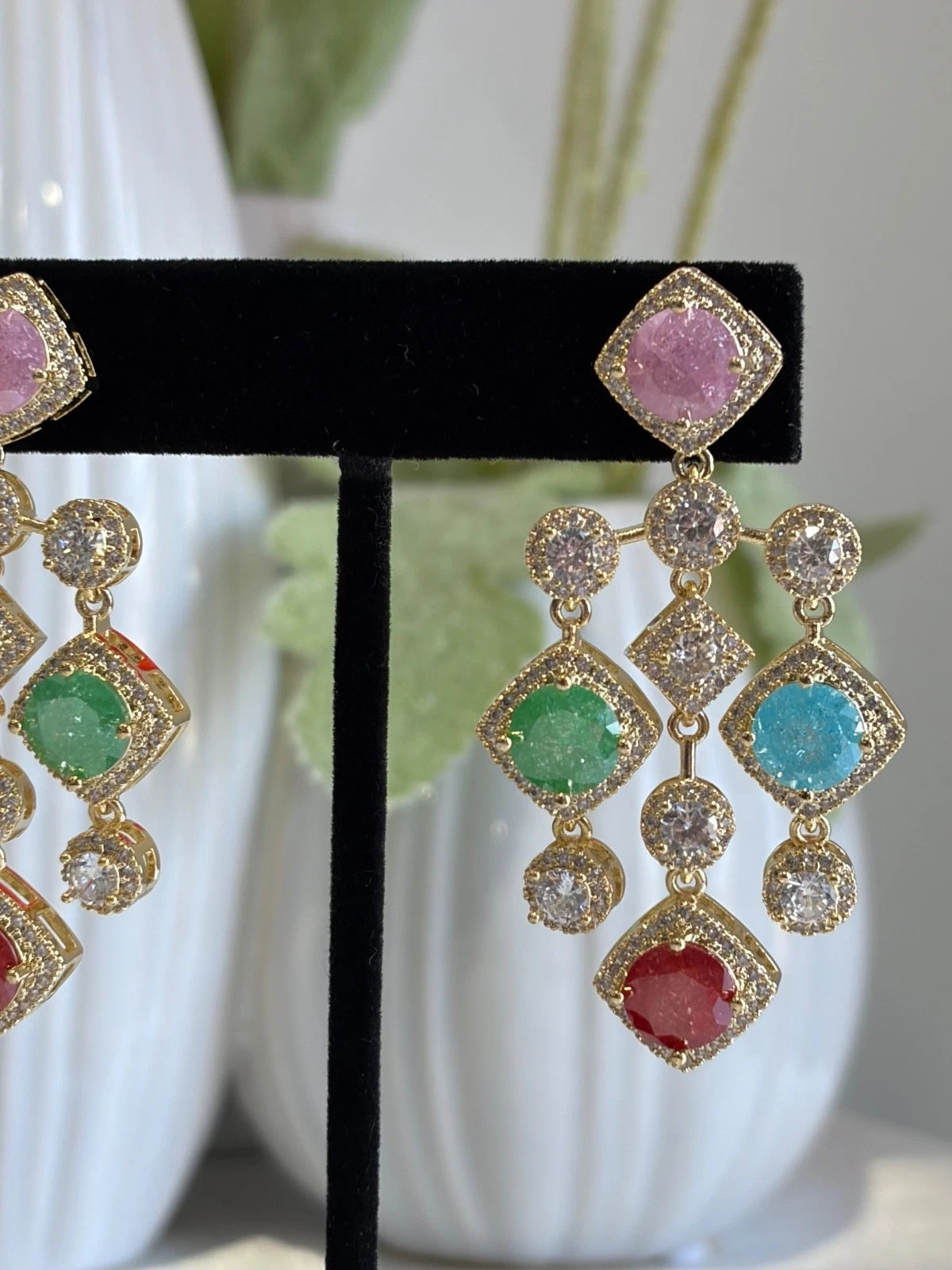 Multicolor CZ Gold Tone Chandelier Earrings Pakistani Indian Statement Jewelry
