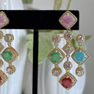 Multicolor CZ Gold Tone Chandelier Earrings Pakistani Indian Statement Jewelry