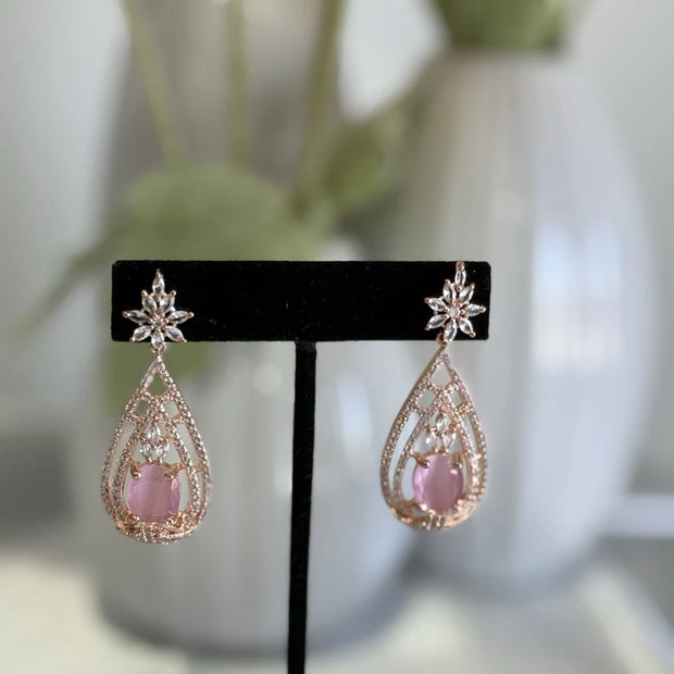 Baby Pink CZ Teardrop Earrings Rose Gold Tone Party Jewelry