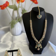 Gold Tone Mint Pink CZ Necklace Earrings Tikka Pakistani Jewelry Set