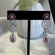 Pink Crystal CZ Necklace & Earrings Set Silver Tone Wedding Jewelry