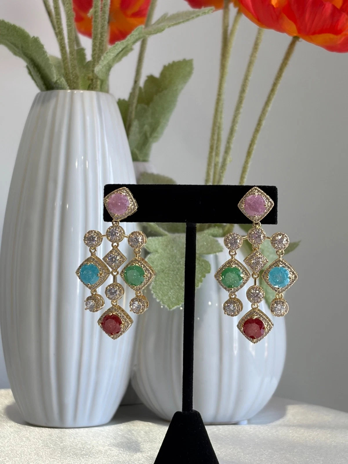 Multicolor CZ Gold Tone Chandelier Earrings Pakistani Indian Statement Jewelry