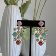 Multicolor CZ Gold Tone Chandelier Earrings Pakistani Indian Statement Jewelry