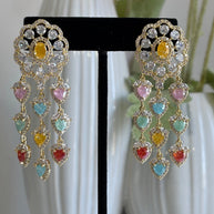 Multicolor Heart CZ Gold Tone Chandelier Earrings Pakistani Indian Jewelry