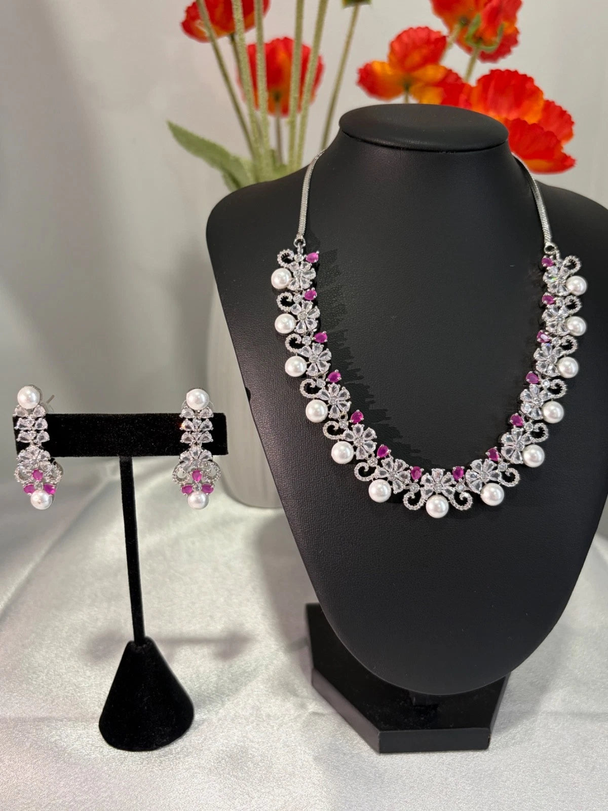 Pink Pearl CZ Silver Tone Necklace Earrings Set Indian Pakistani Bridal Jewelry