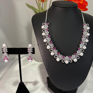 Pink Pearl CZ Silver Tone Necklace Earrings Set Indian Pakistani Bridal Jewelry