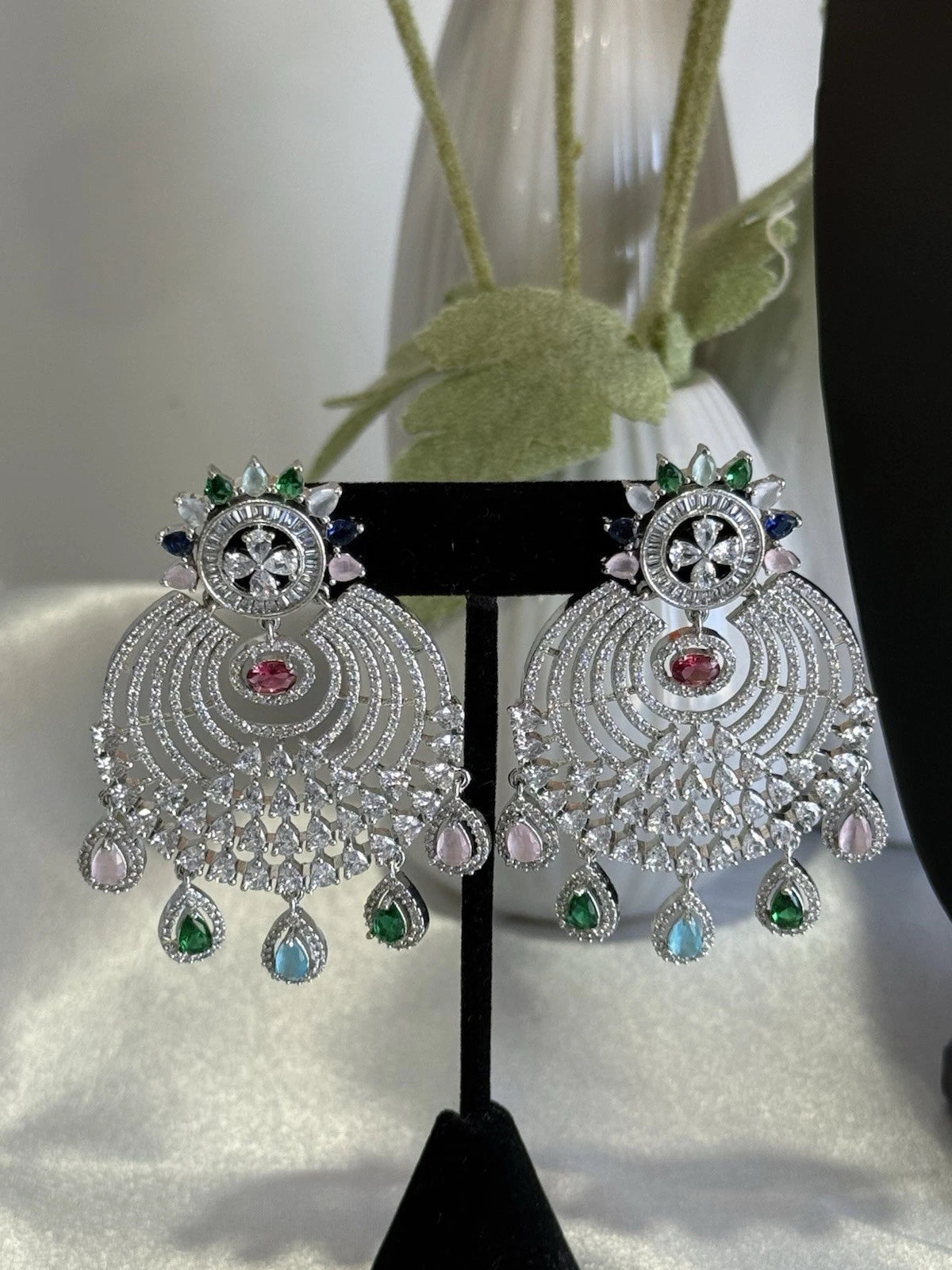 Multicolor CZ Chandbali Earrings Silver Tone Pakistani Indian Jewelry